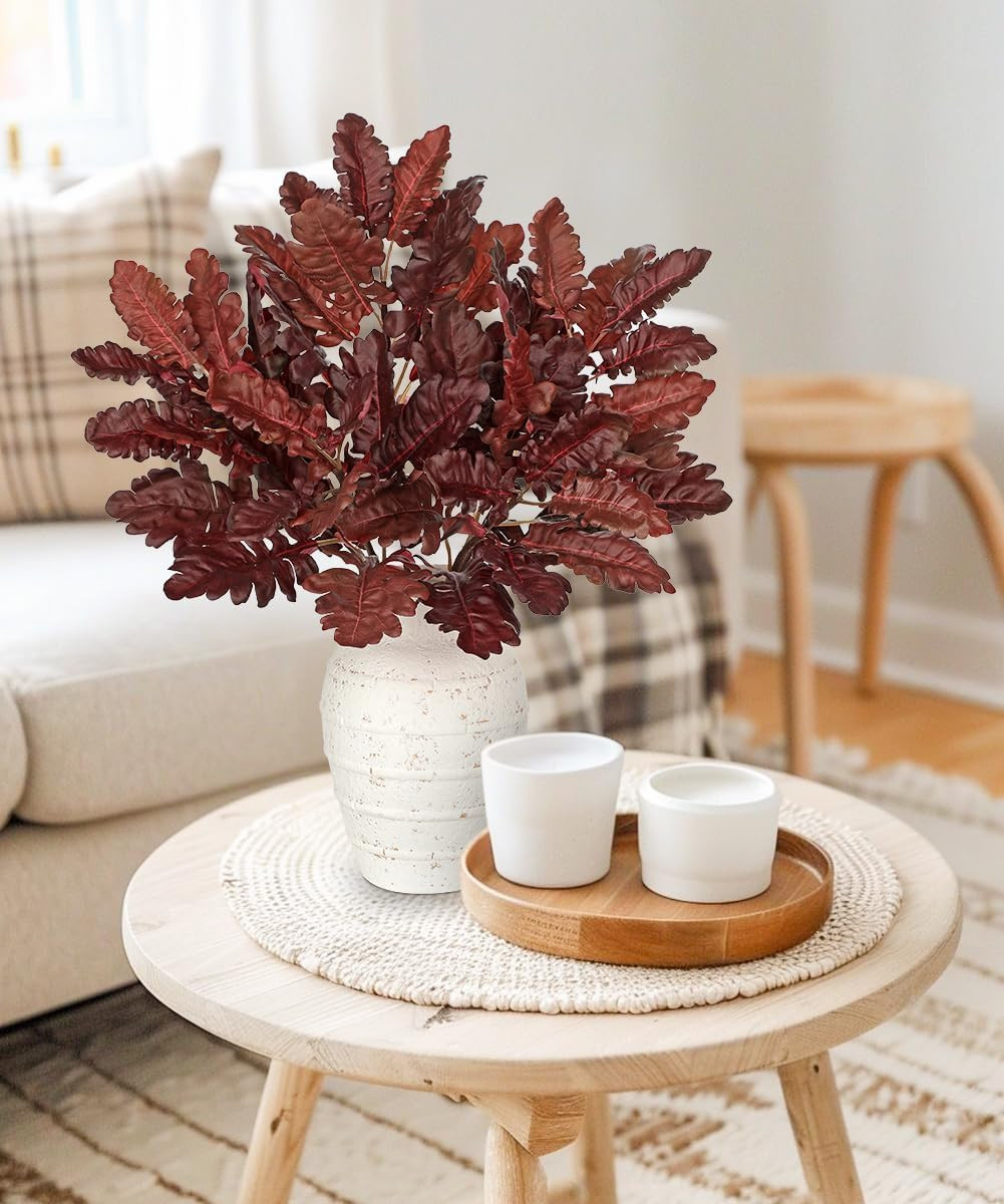 Faux Oak Leaf Branches 5 Pcs Fall Leaf Stems for Vases, 18″ Burgundy Fall Stems