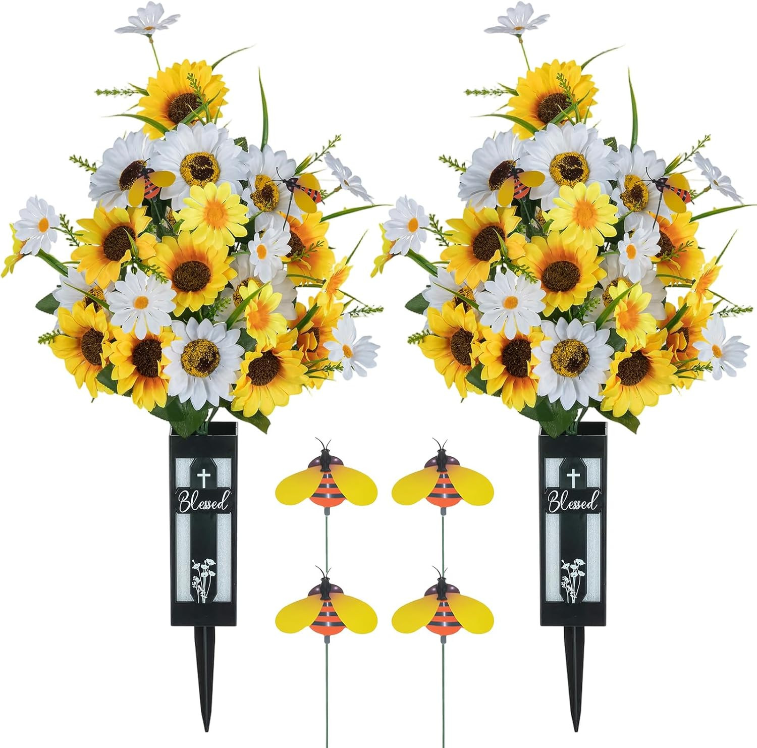 Artificial Cemetery Flowers for Grave: 2 Pcs Yellow White Sunflower Grave Flower