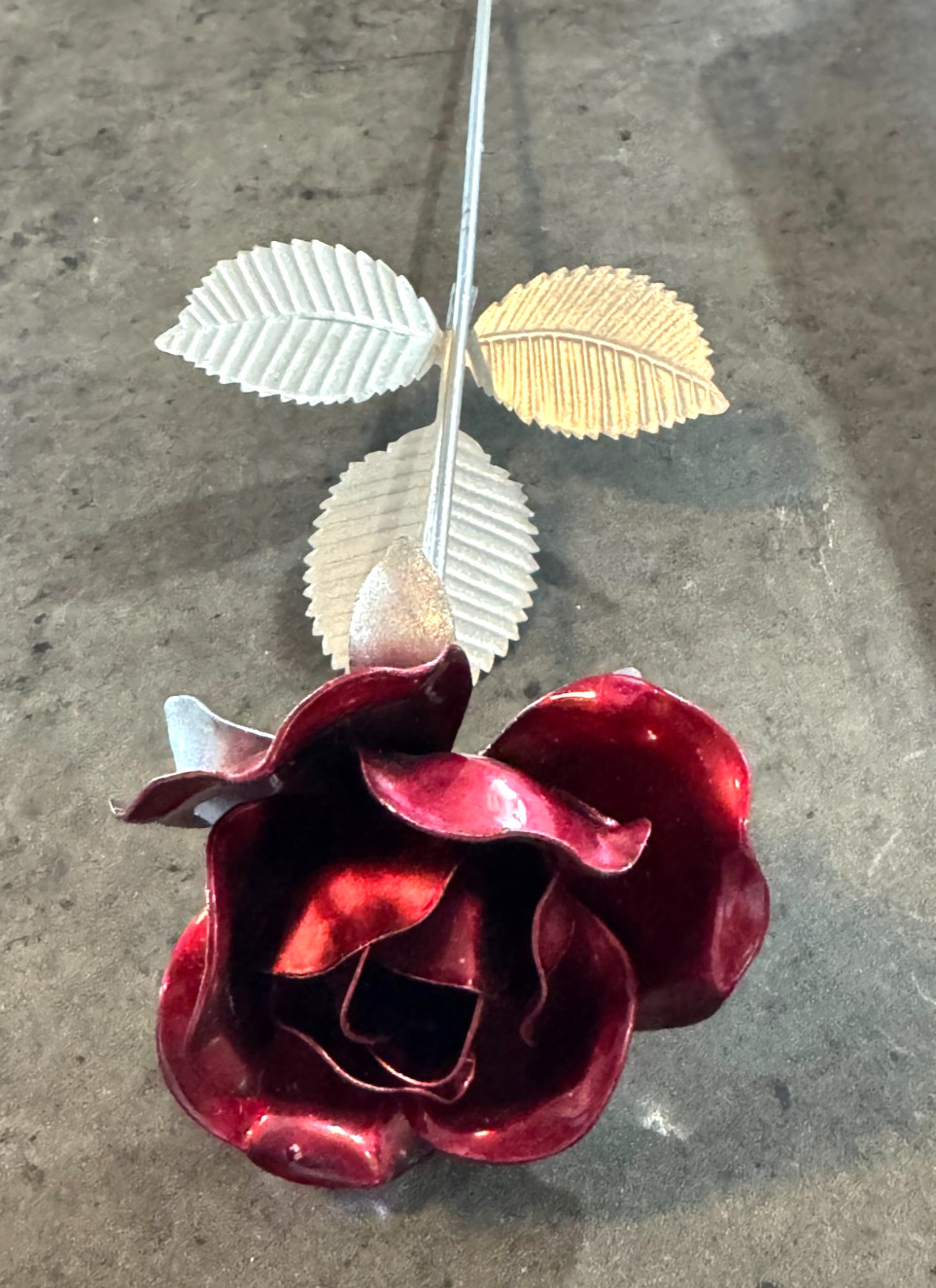 Vintage Metal Rose Sculpture Red Enamel Flower Long Stem Décor Gift
