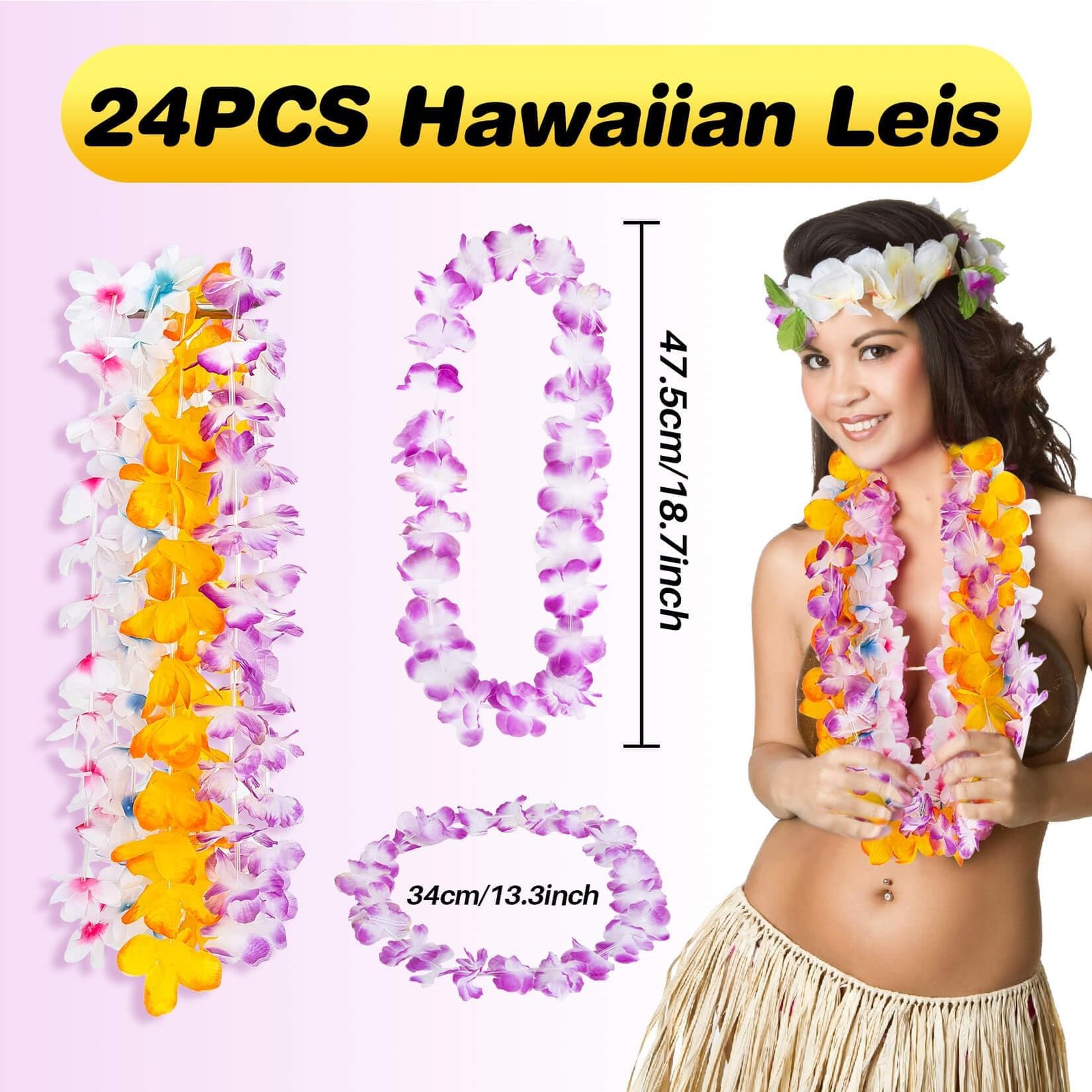 24 Pcs Colorful Hawaiian Leis Tropical Flower Leis for Luau Party Summer Beach