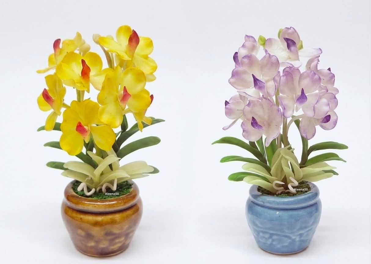 US Stock 4″H Handmade Air-Dry-Clay Artificial Mini Dendrobium Orchid Arranged