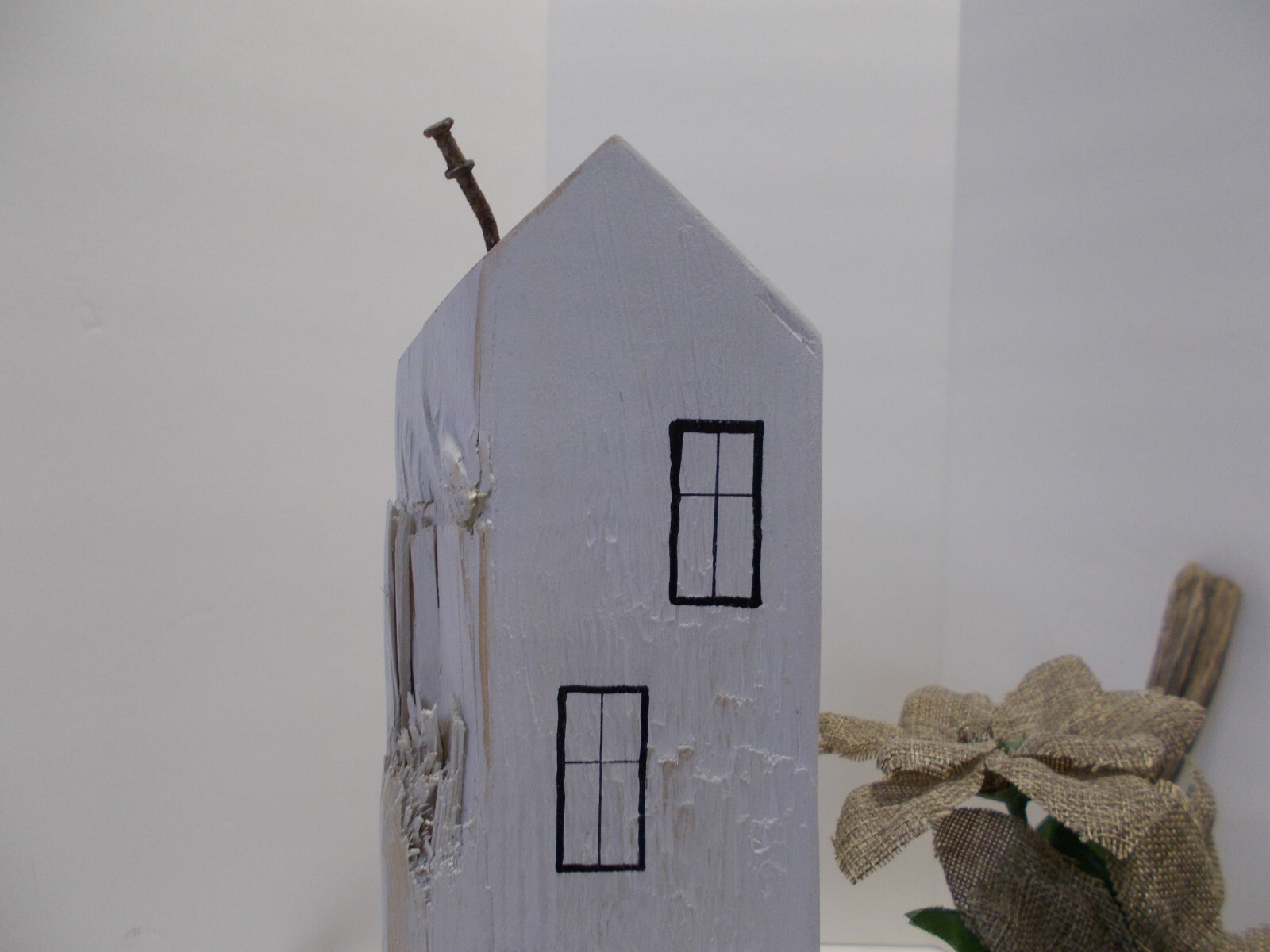 Small Denim Vase from Denim Side Seams w Burlap Flowers & Painted Wooden House