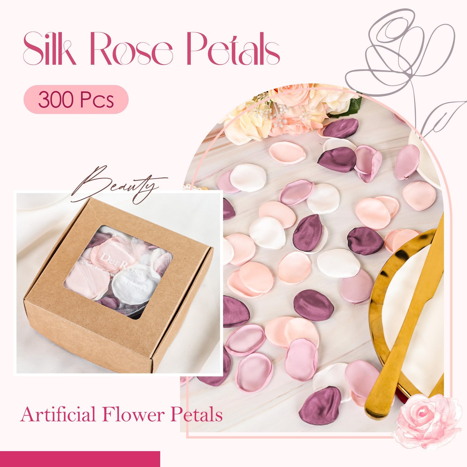 300Pcs Artificial Flowers Silk Fake Pink Rose Petals Flower Girl Scatter Pedals