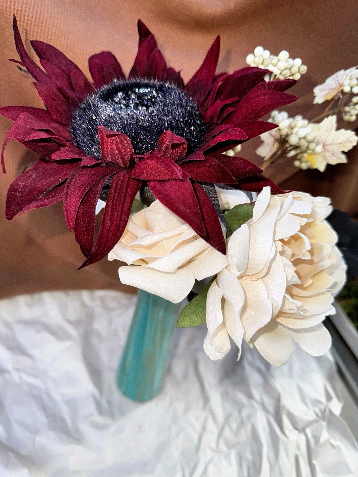 Artificial Burgundy Cream Sunflower & Rose Floral Arrangement Centerpiece Vase