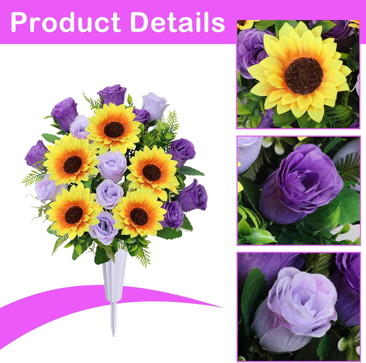 ,Set of 2 Artificial Rose Sunflower Bouquet Graveyard Memorial Flowers for Outdo