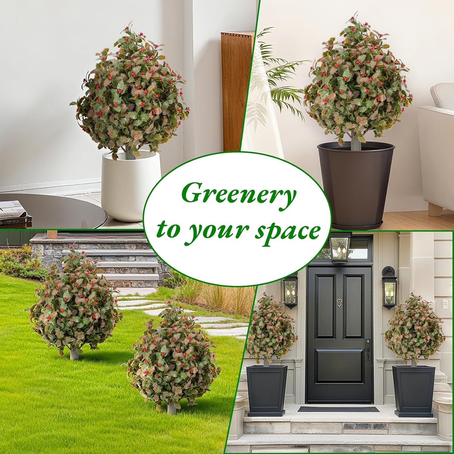 2 Pack 23.6” Artificial Topiary Trees Bushes UV Resistant w/ Metal Ground Spike