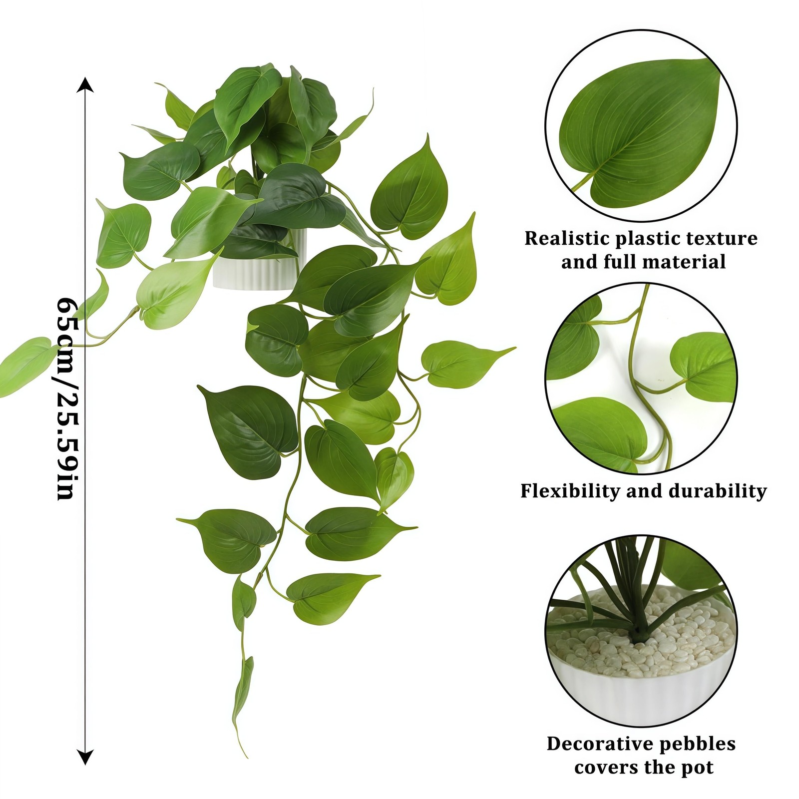 Fake Pothos Hanging Plant – Artificial Plastic Ivy Vines with White Pot, Real…