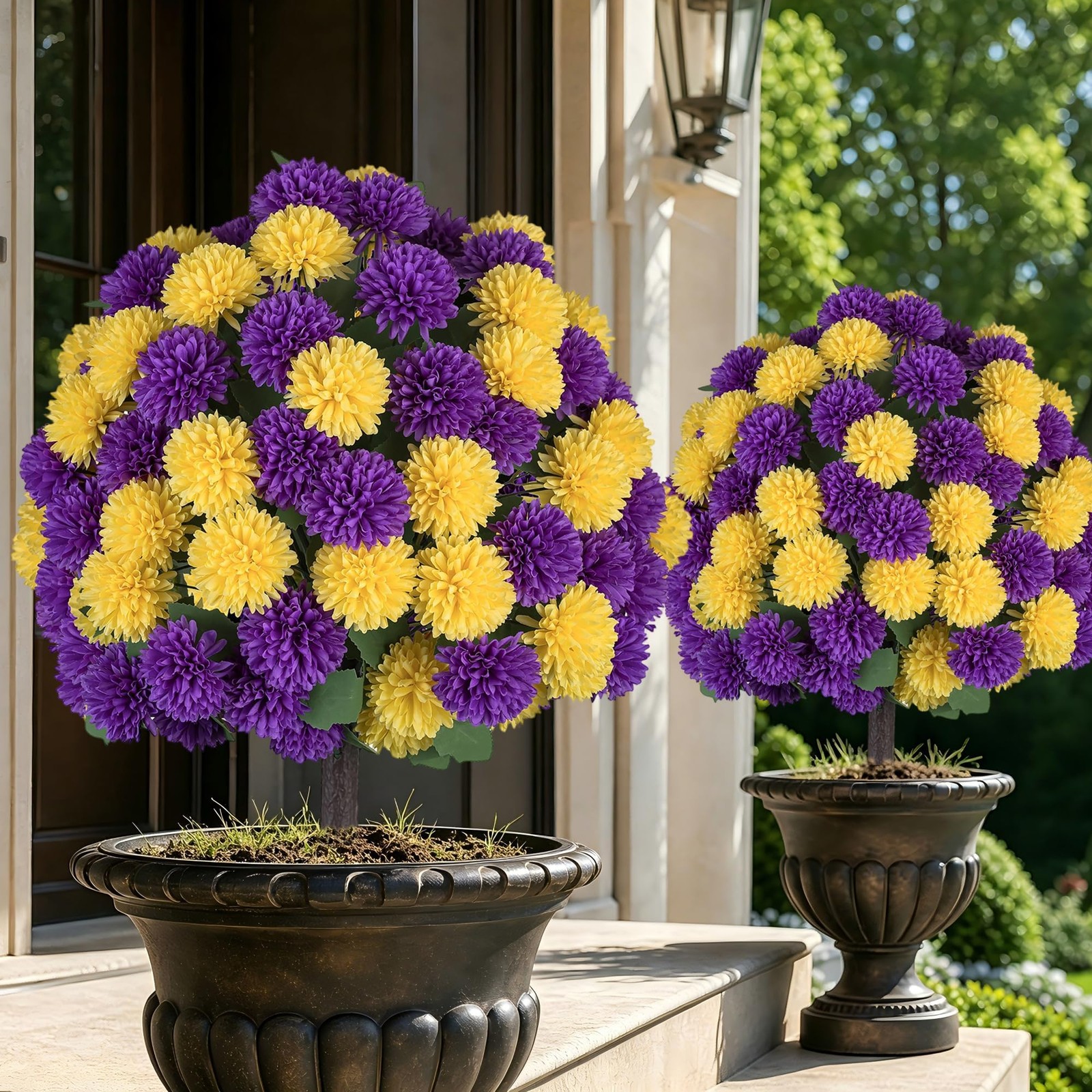 Faux Mums Flower with Stakes for Outdoor Planters, Set of 2, Large