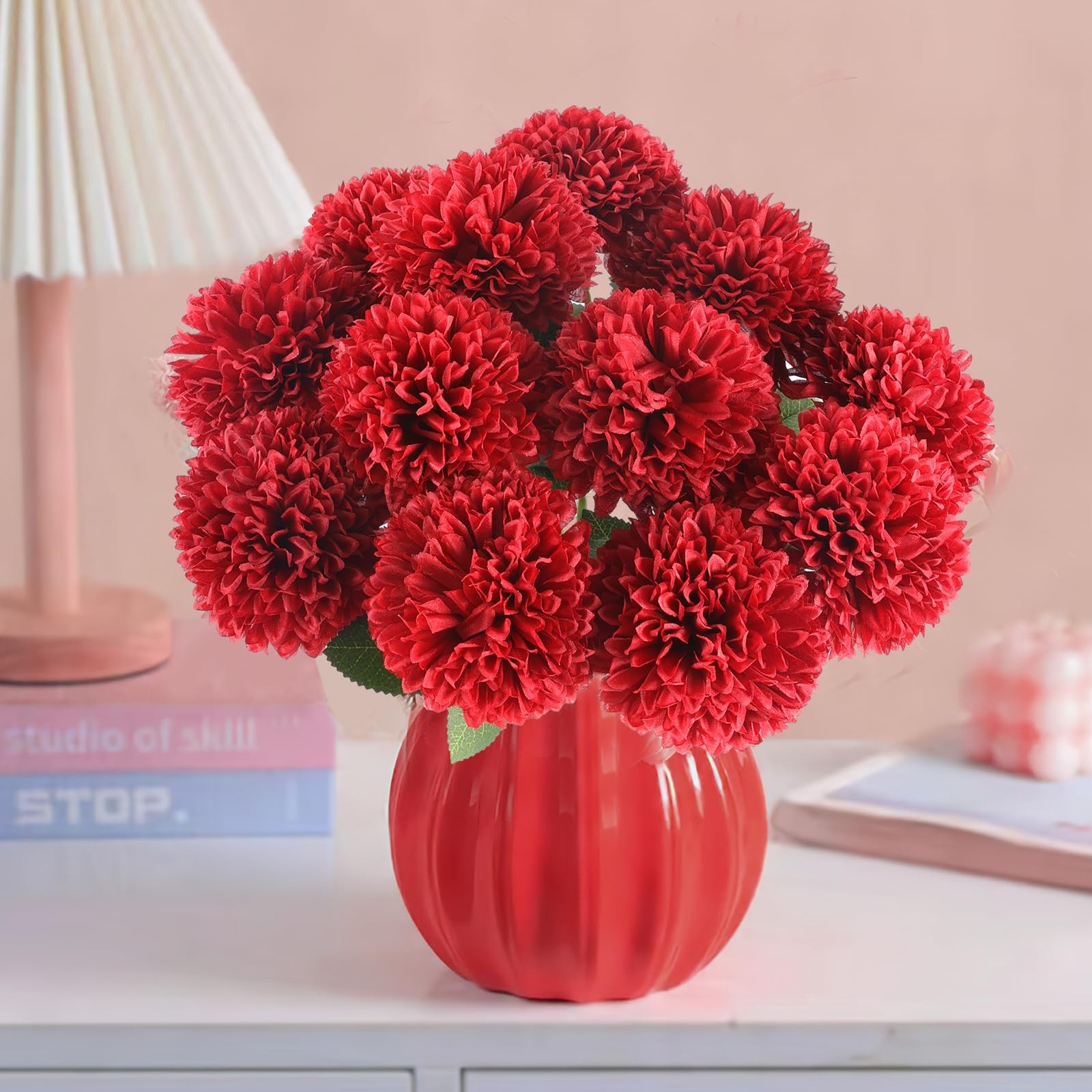 Artificial Chrysanthemums 12 PCS Burgundy Red Fake Mums Silk Flowers
