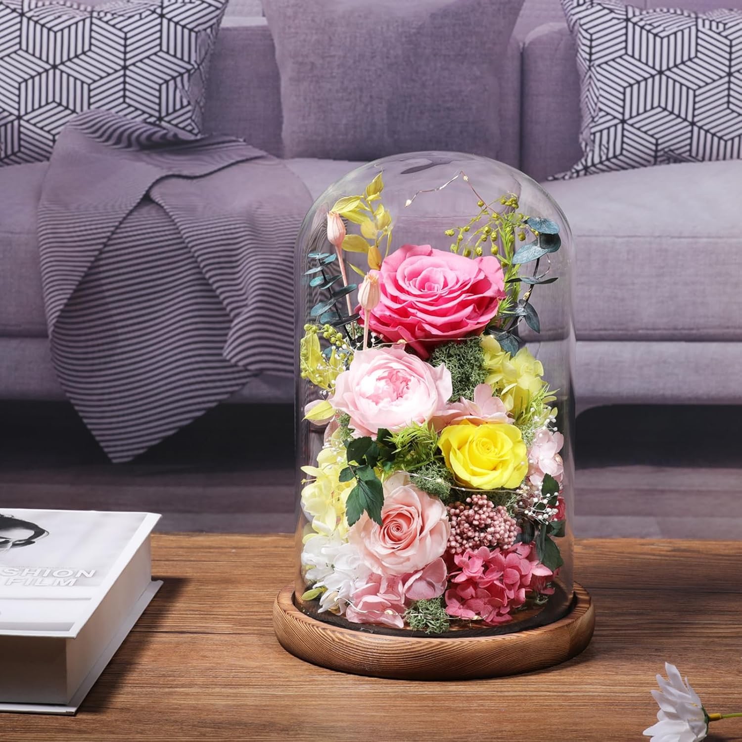 Flowers for Delivery Preserved Flowers Rose in Glass Dome,Pink Rose Forever Flow