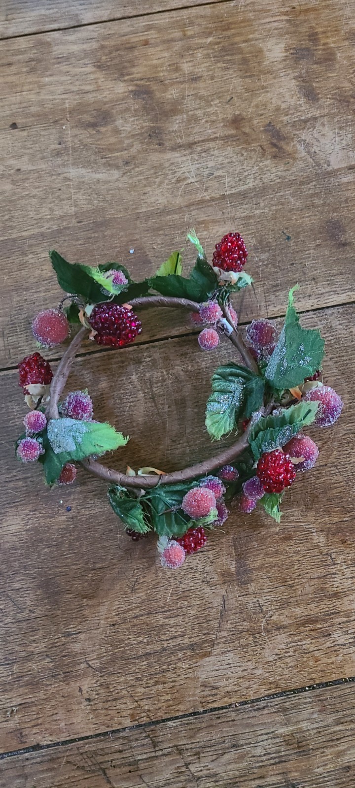 Raspberry Sugared Berries Candle Ring Christmas Holiday Winter Leaves