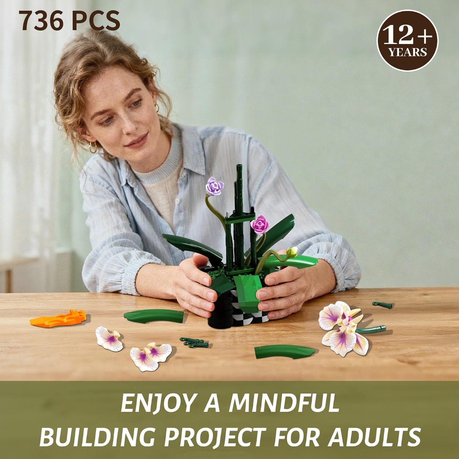 736Pcs Orchid Flower Building Sets with Vase, Artificial Flowers Building Blocks