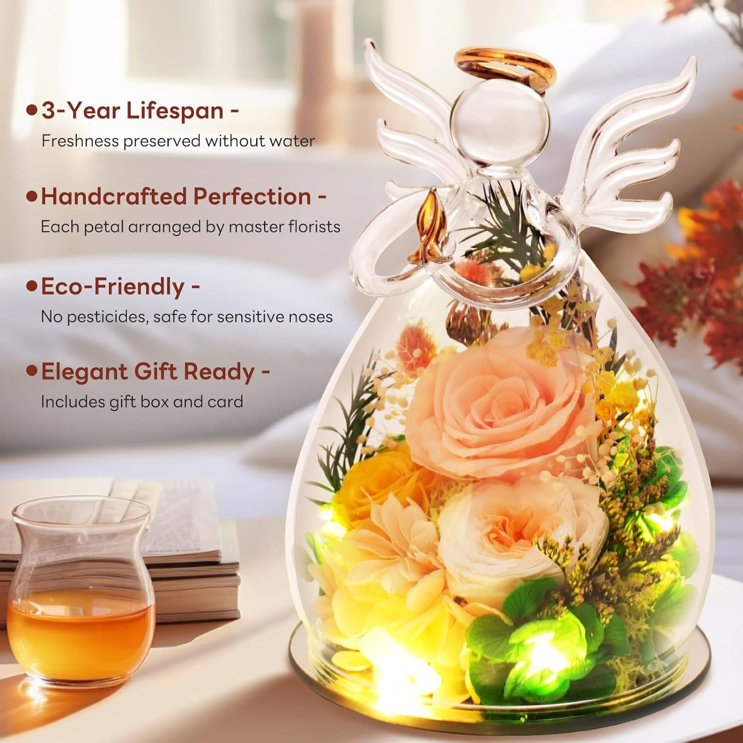 Womens Day for Mom Women, Preserved Rose in Glass Angel Figurines, Real Fresh Fl