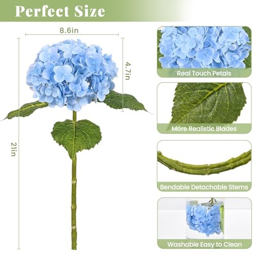 21in Hydrangea Artificial Flowers, Latex Real Touch Hydrangeas 3Pcs Blue