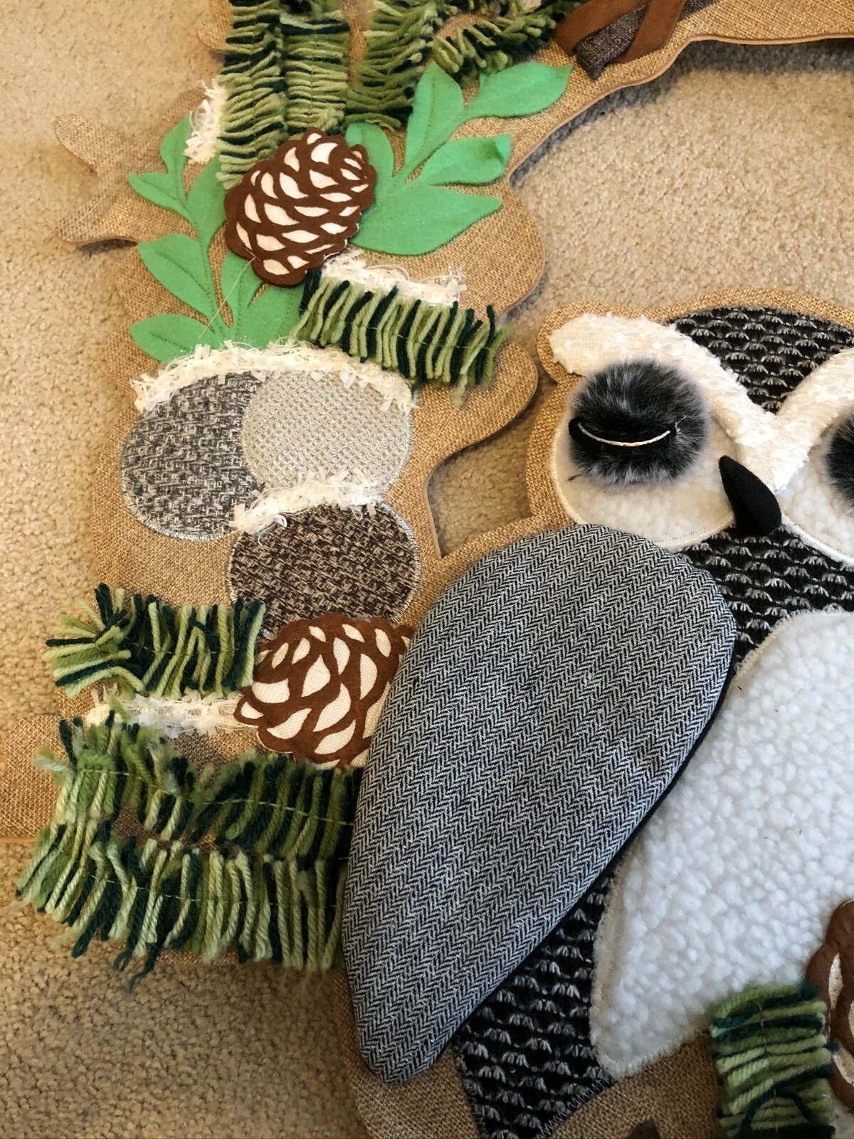 Burlap Owl Wreath/Wall hanging with Pinecones Fabric and Yarn It’s a HOOT!