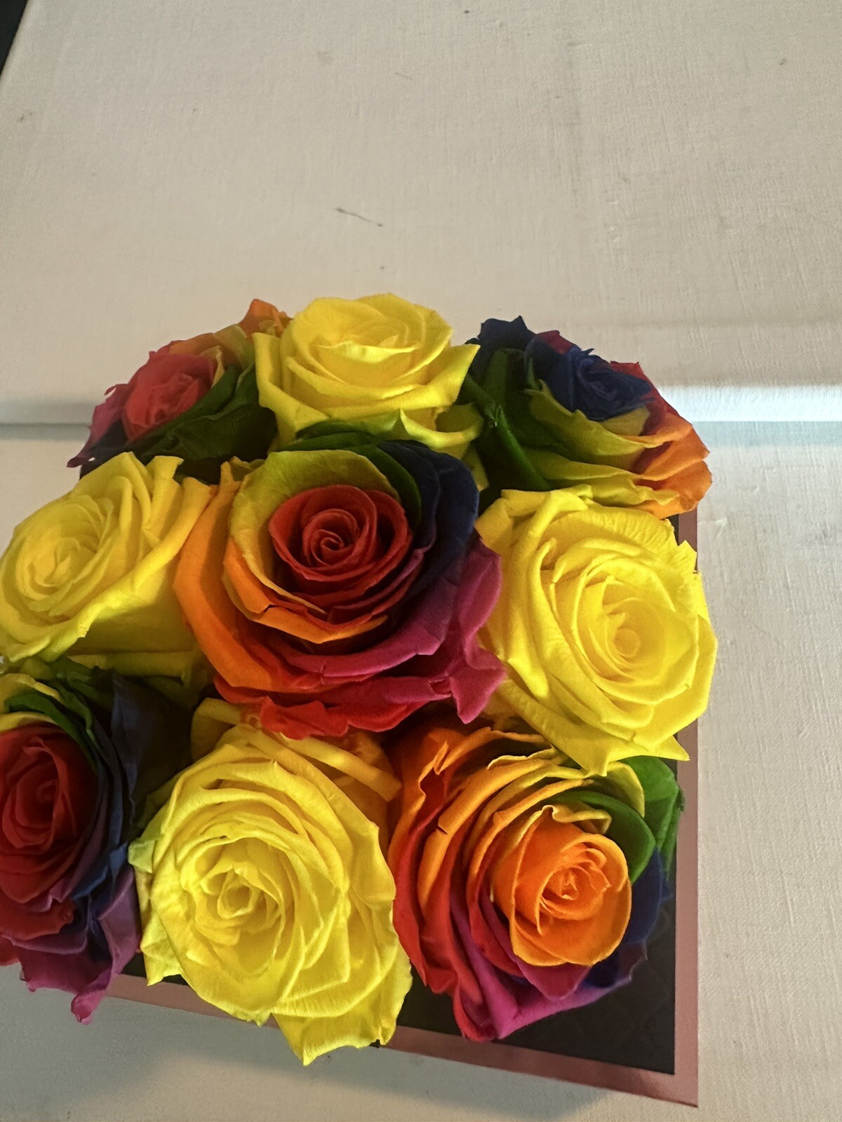 Glam Fleur Preserved 9 Yellow And Colorful Real Roses in Square Gift Box