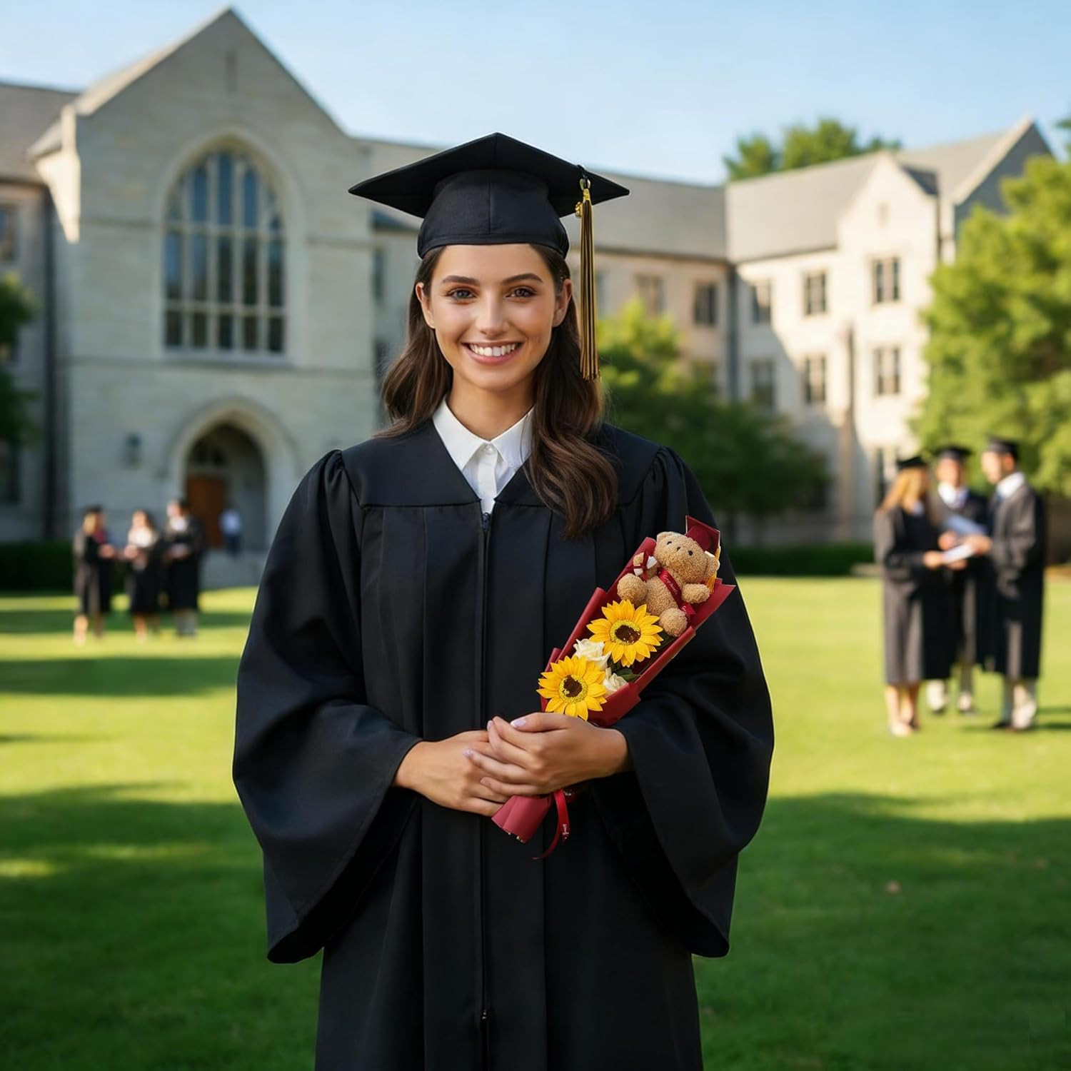 2026 13″ Graduation Bear Bouquet Rose Sunflower Scented Soap Flower Bouquet Mini