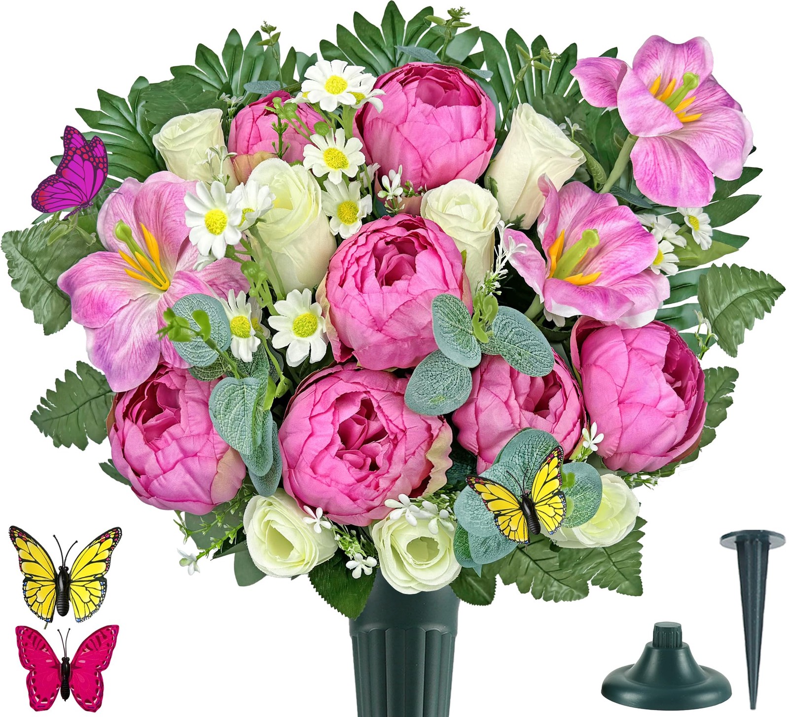 Artificial Cemetery Flower with Vase for Grave – Hibiscus Rose Daisy, Easy Fit