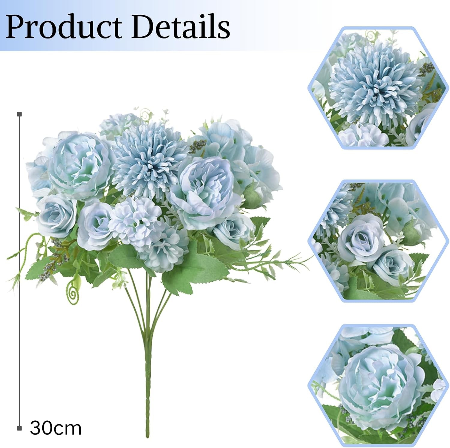 Artificial Flowers, 2Pcs Blue Fake Peony Silk Peonies Faux Flowers Arrangements