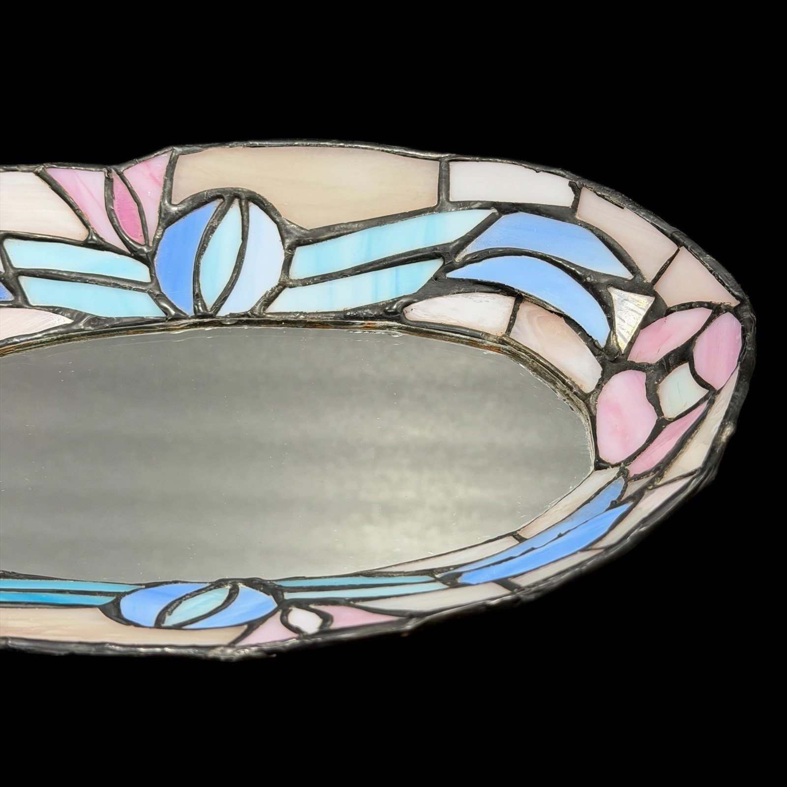 Pastel Stained Glass Style Vanity Mirror Tray Jewelry Dish Art Deco Decor