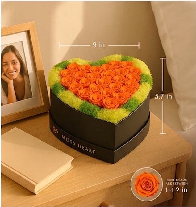 Moss Heart Preserved Orange Roses Heart-Shaped Flower Box 9″ x 5.7″ Mother’s Day