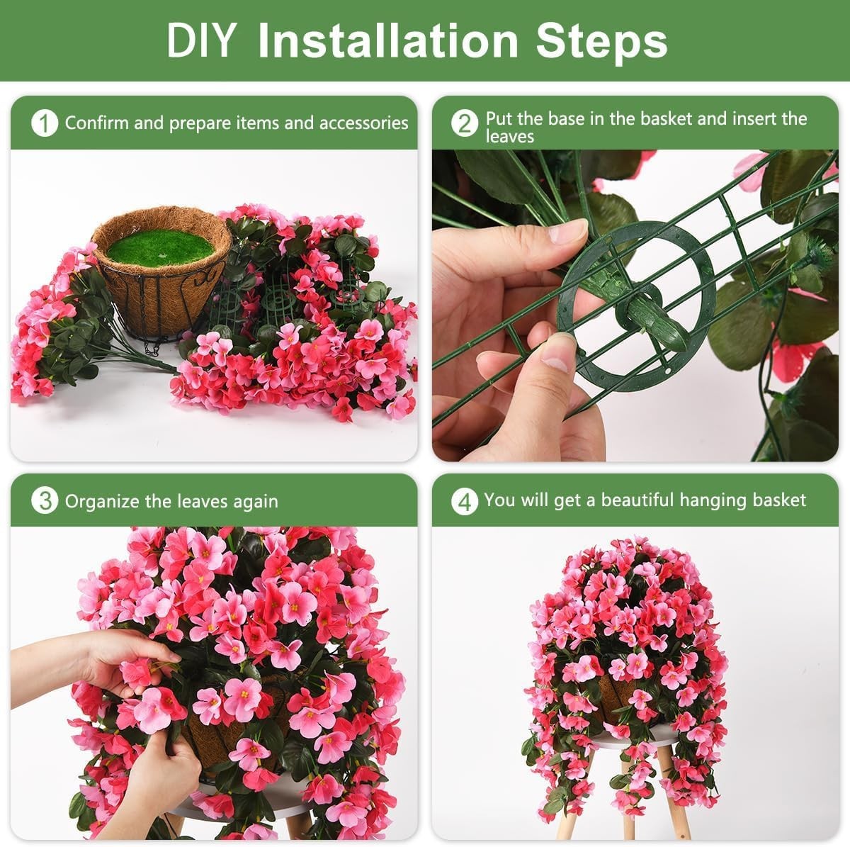 Low Maintenance Hanging Flower Basket – 4 Silk Begonias for Outdoor Elegance
