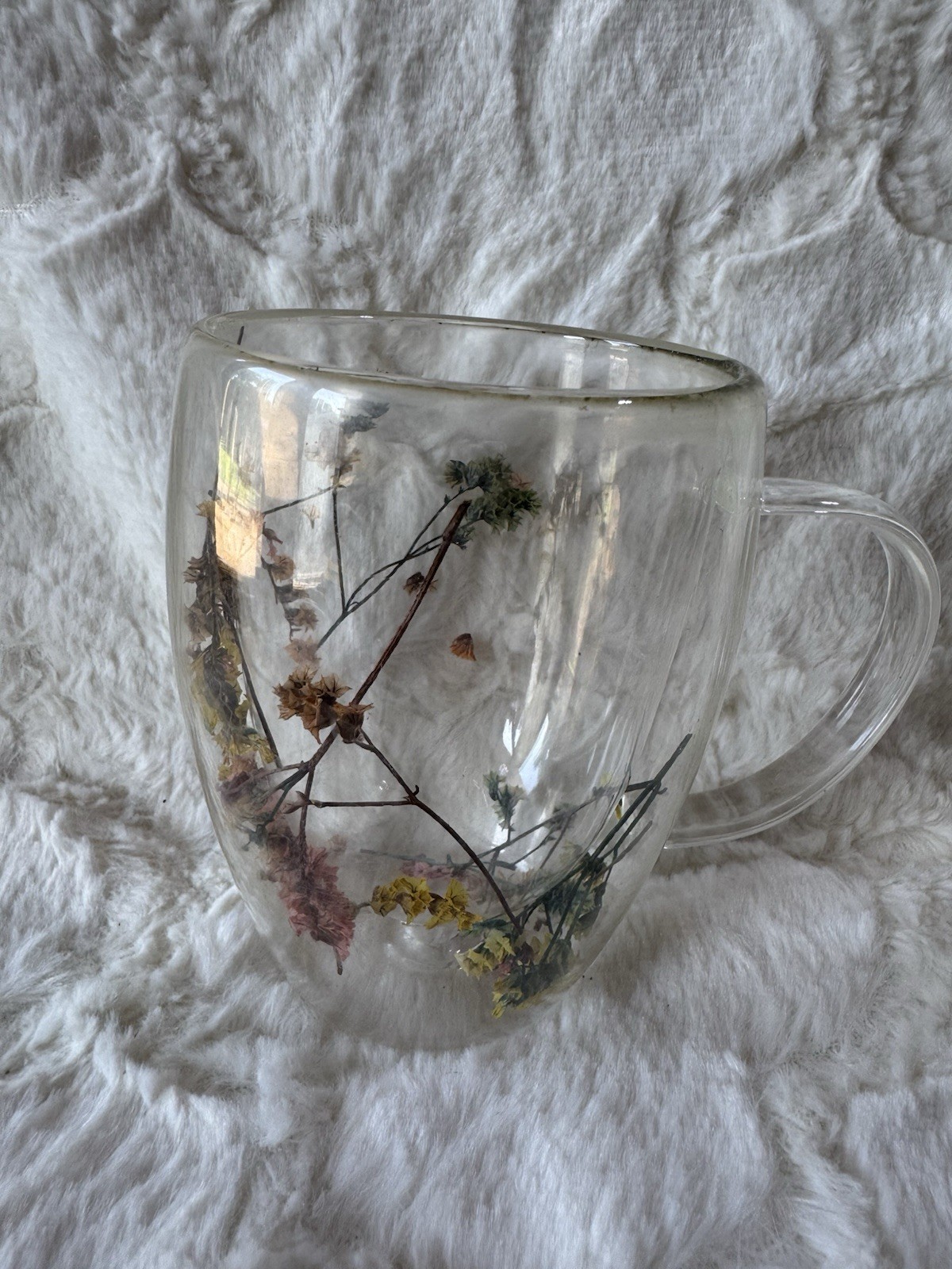 Dried Flowers 💐 Glass Mug Double Wall Coffee Tea Cup Botanical Floral