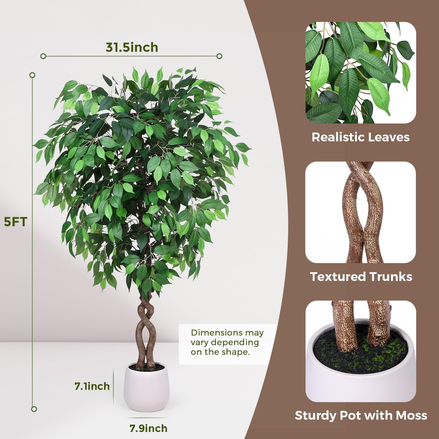 Jocoevol 5FT Artificial Ficus Tree, Tall Faux Trees Indoor White Planter, Dried