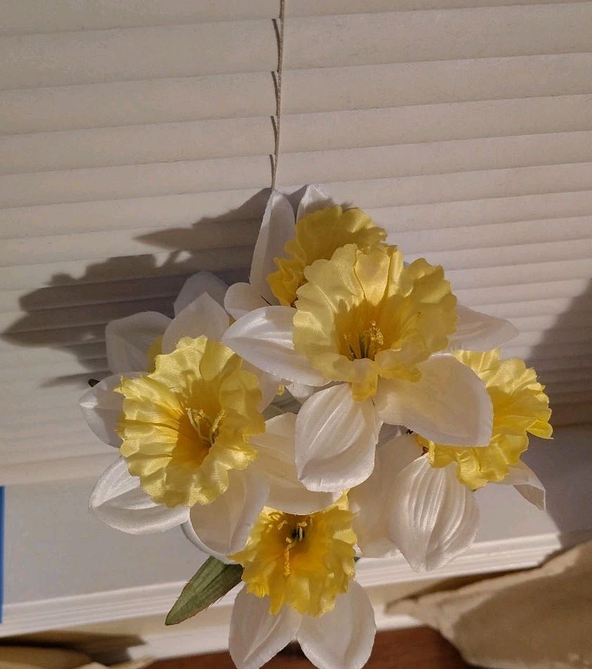 Artificial Yellow And White Daffodils In Pot With Paper
