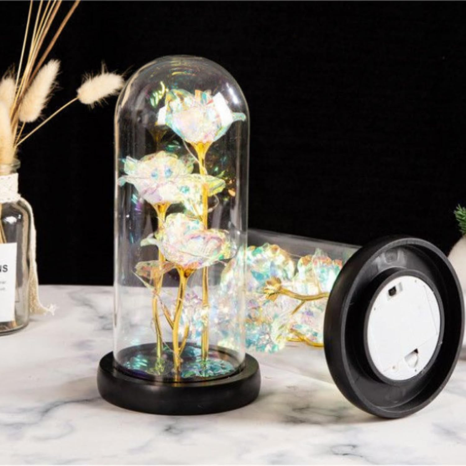 Mothers Day Mom Gifts: Rainbow LED Galaxy Glass Flower Rose in Glass Dome, 3 Col