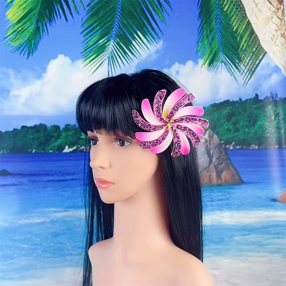 10pcs Tahitian Flowers With Green Core And Stem Hair Side Flower Hairstyle Pins