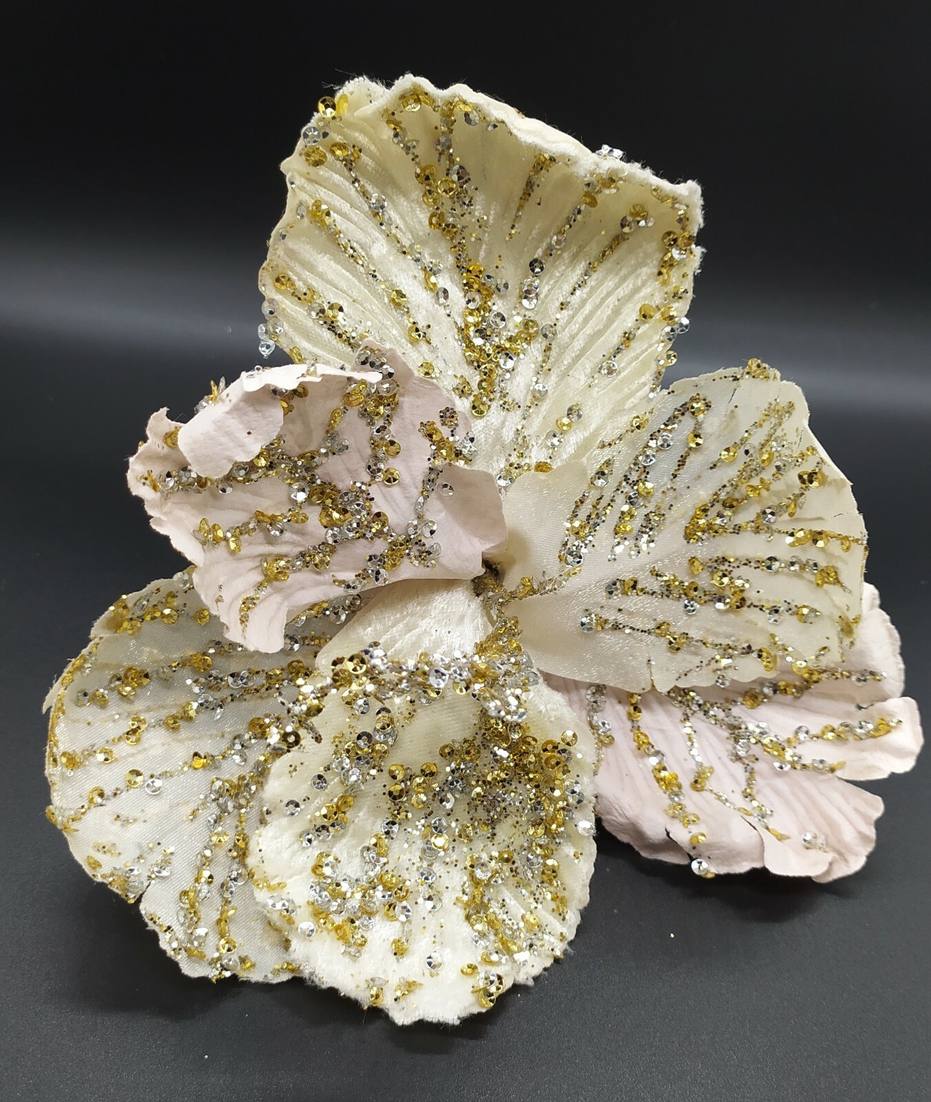 F011 Cream Hibiscus Glittered Clip On Christmas Decoration Artificial Flower