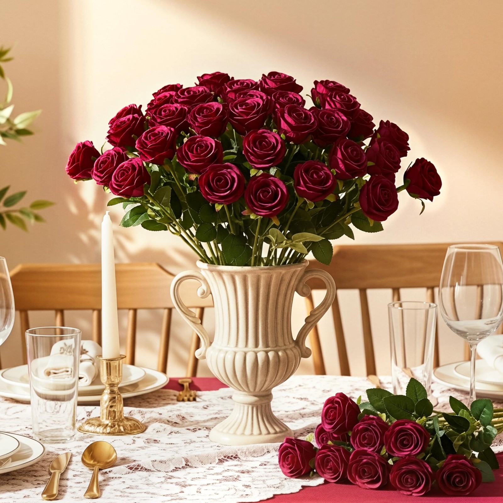 60 Pack Burgundy Artificial Roses Bulk Velvet Silk Fake Faux Wedding Decor