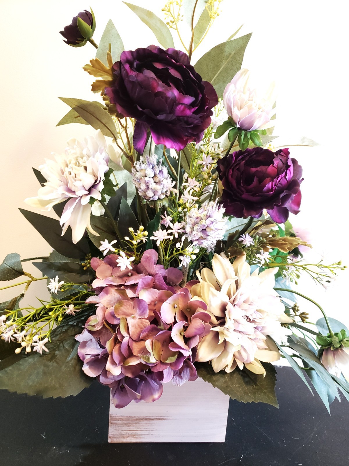 Purple Hydrangea & Aubergine Ranunculus Floral Arrangement, Green Dahlia Floral