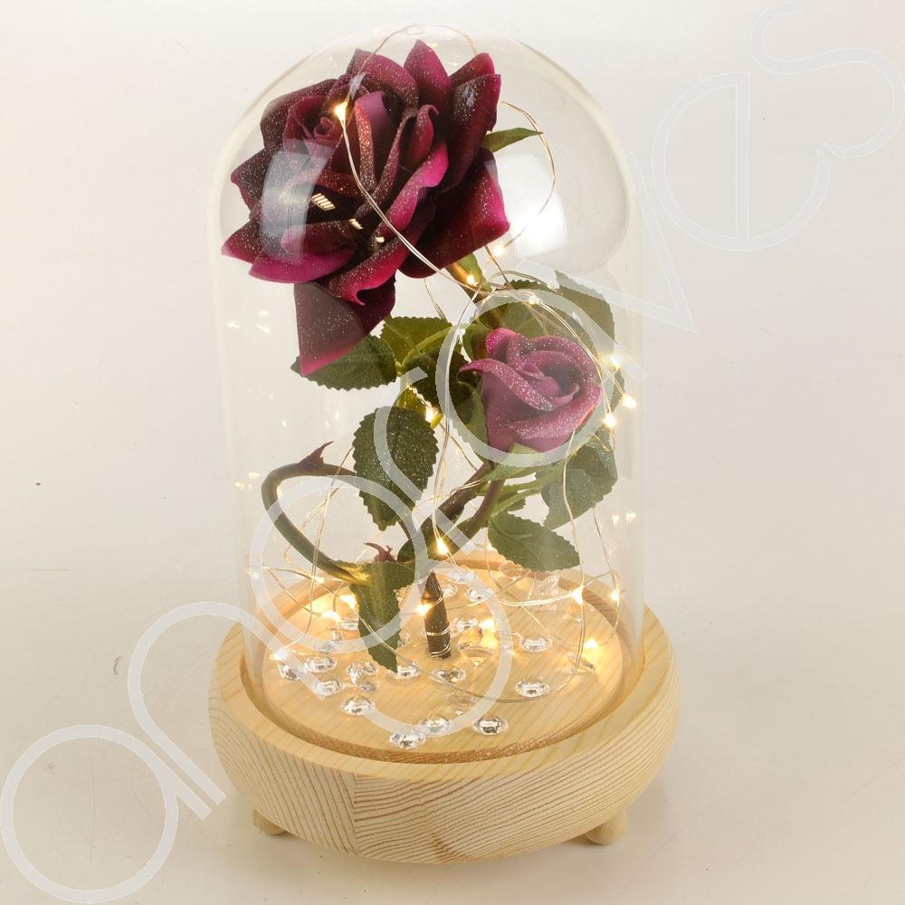 Bella Pink Handmade Enchanted Rose & Rosebud in Glass Dome Bell Jar with LED Lig