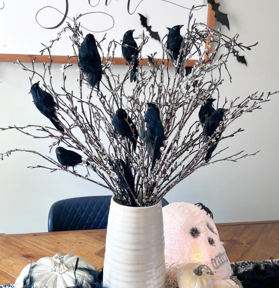 Artificial Icy Branches with Crows Arrangement Kit for Halloween & Fall