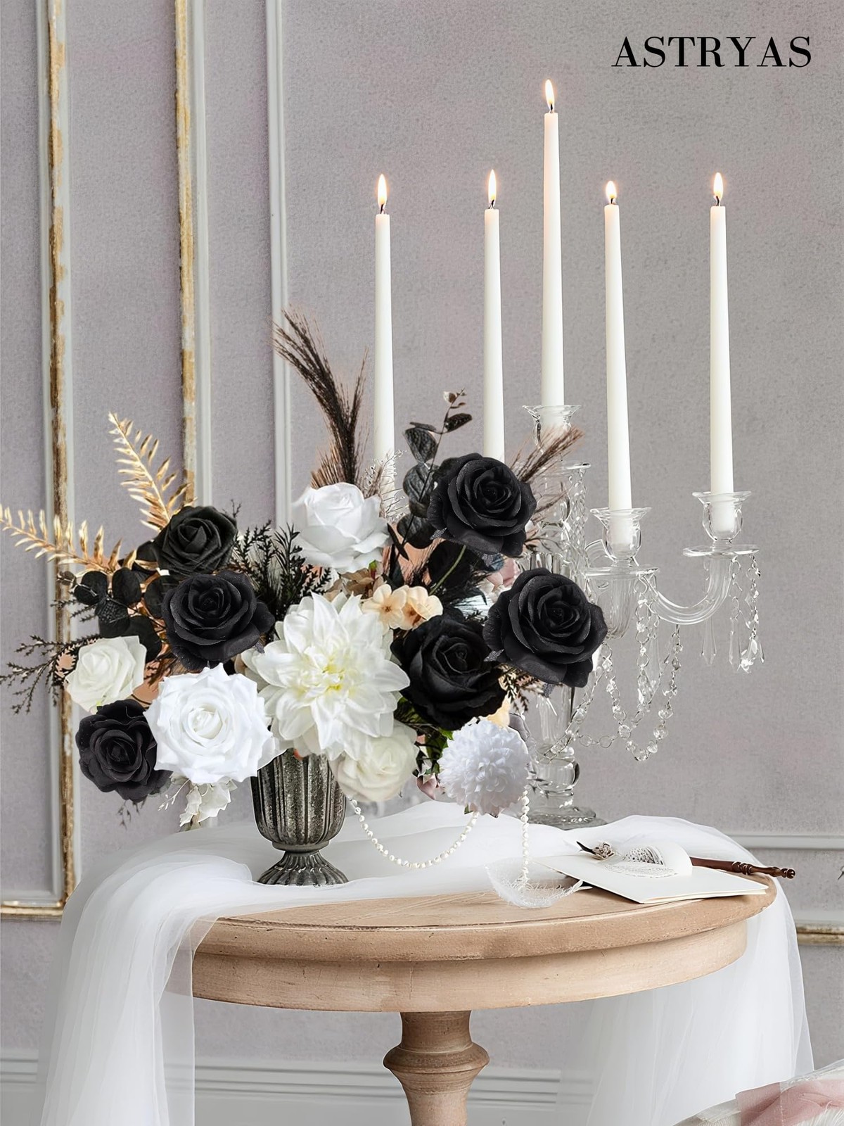 Black White Flowers Artificial Combo Set Mix Silk Flowers Dahlia Roses with S…