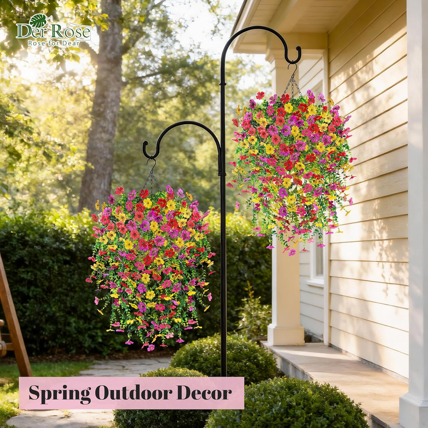 Artificial Hanging Flower Basket for Outdoors Fake Hanging Flowers Plants with 4