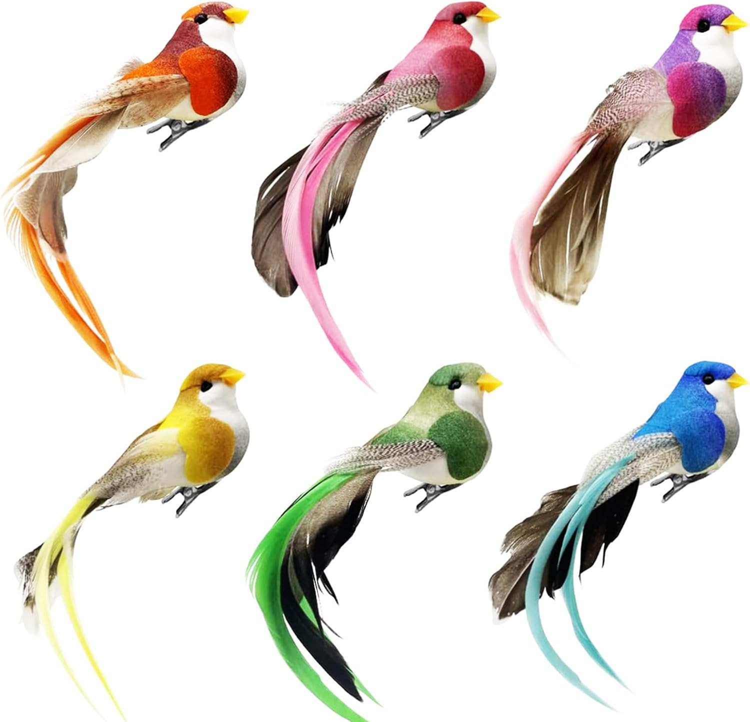 6pcs Clip on Artificial Simulation Foam Birds Feather Long Tail Feather Fake Bir