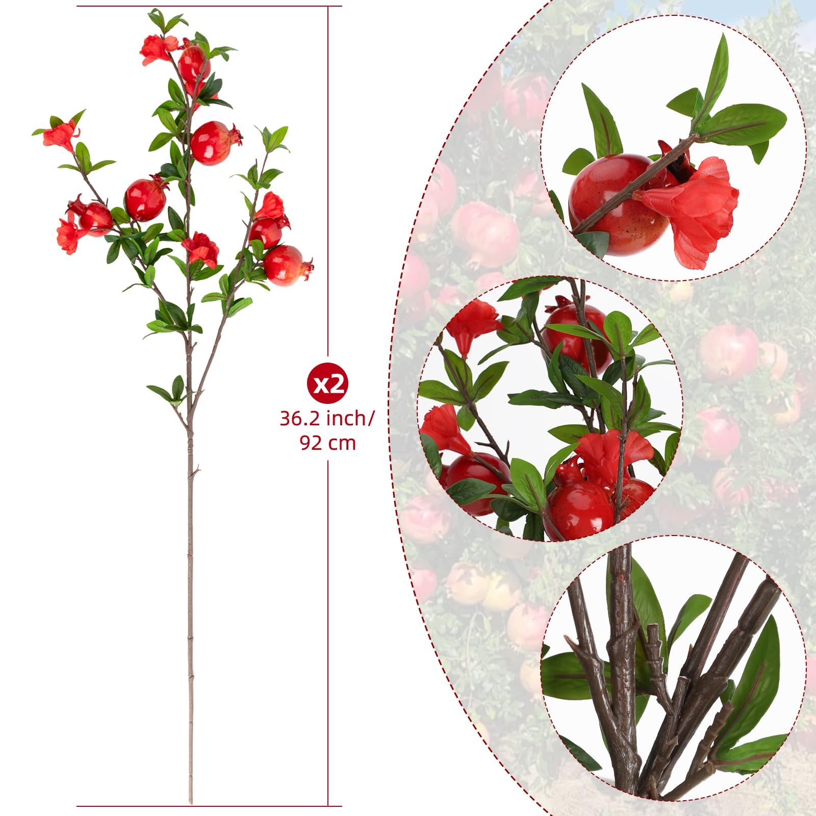 2 PCS 36.2 Inch Artificial Pomegranate Fruit Tall Branches Wedding Decor