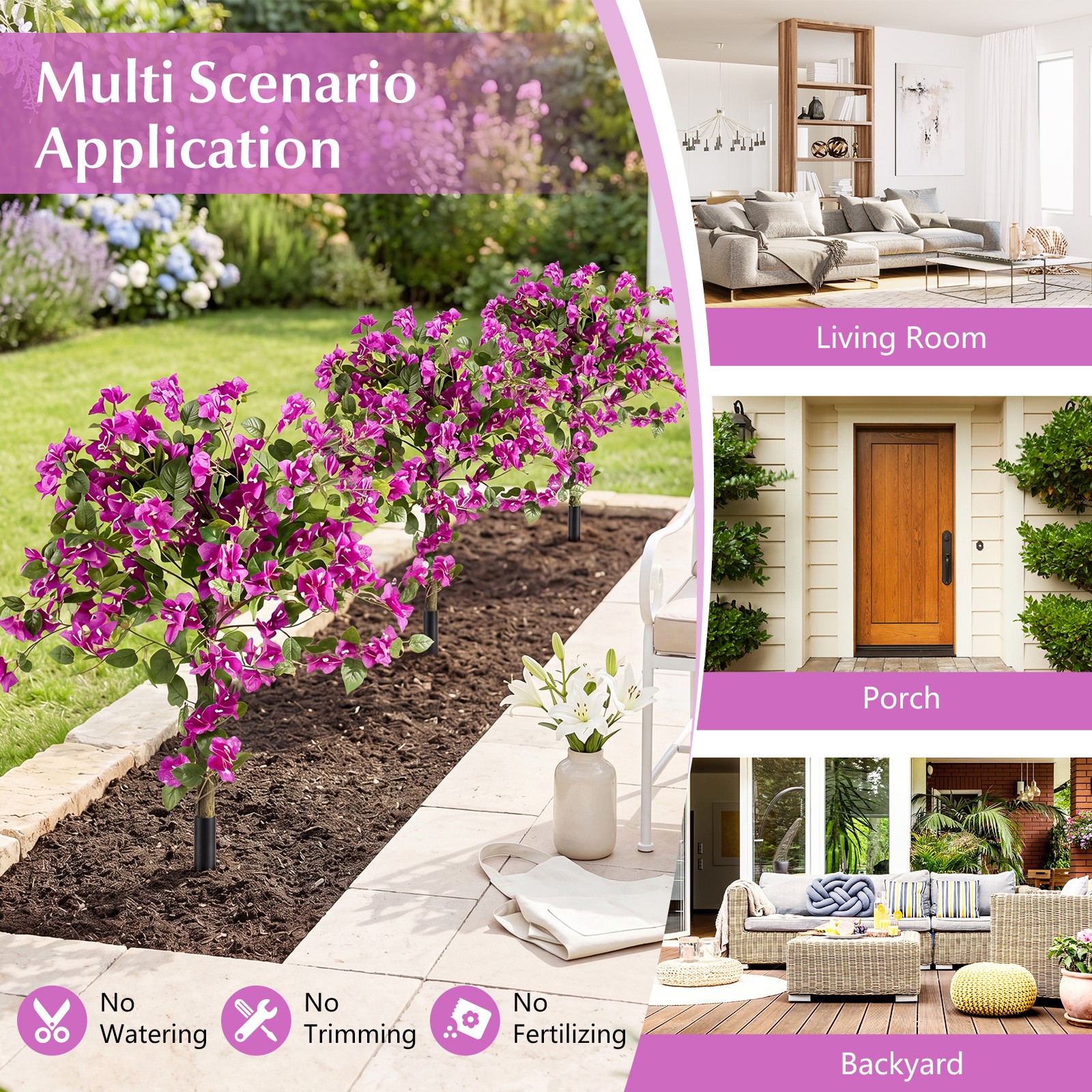 2 Pack Bougainvillea Artificial Trees w/Stable Ground Spike, PE Trunks for Porch