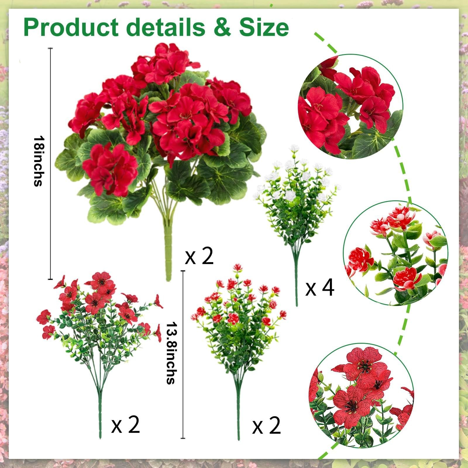 Ouddy Decor 18” Artificial Geraniums Flowers for Outdoors Decor, Large, Red