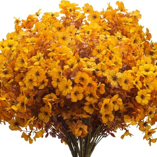 16 Bundles Artificial Fall Mums Outdoor UV Resistant, Fake Silk Fall Yellow