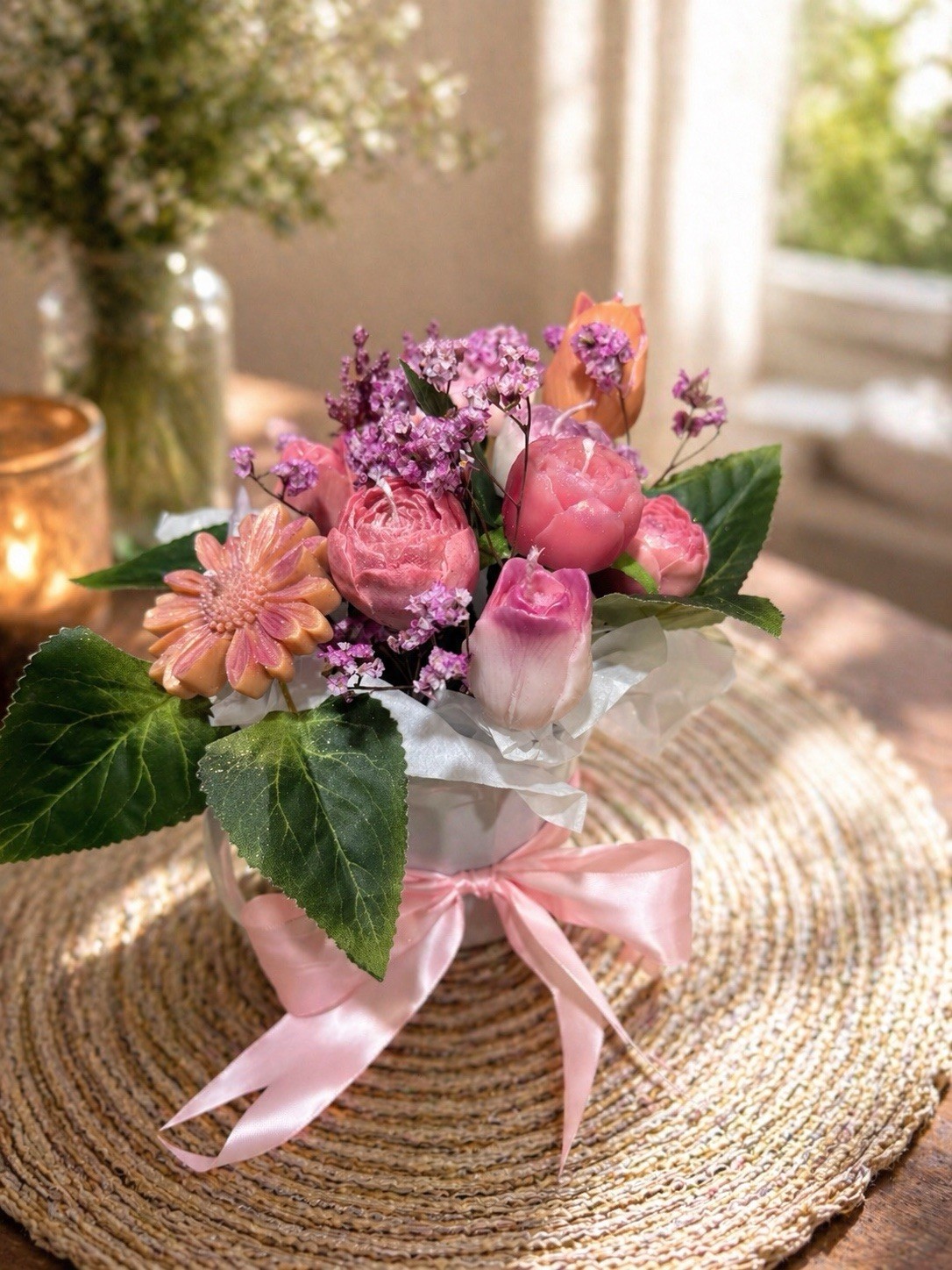 Pink & Purple Rose Gerbera Flower Arrangement Centerpiece in White Pot Ribbon