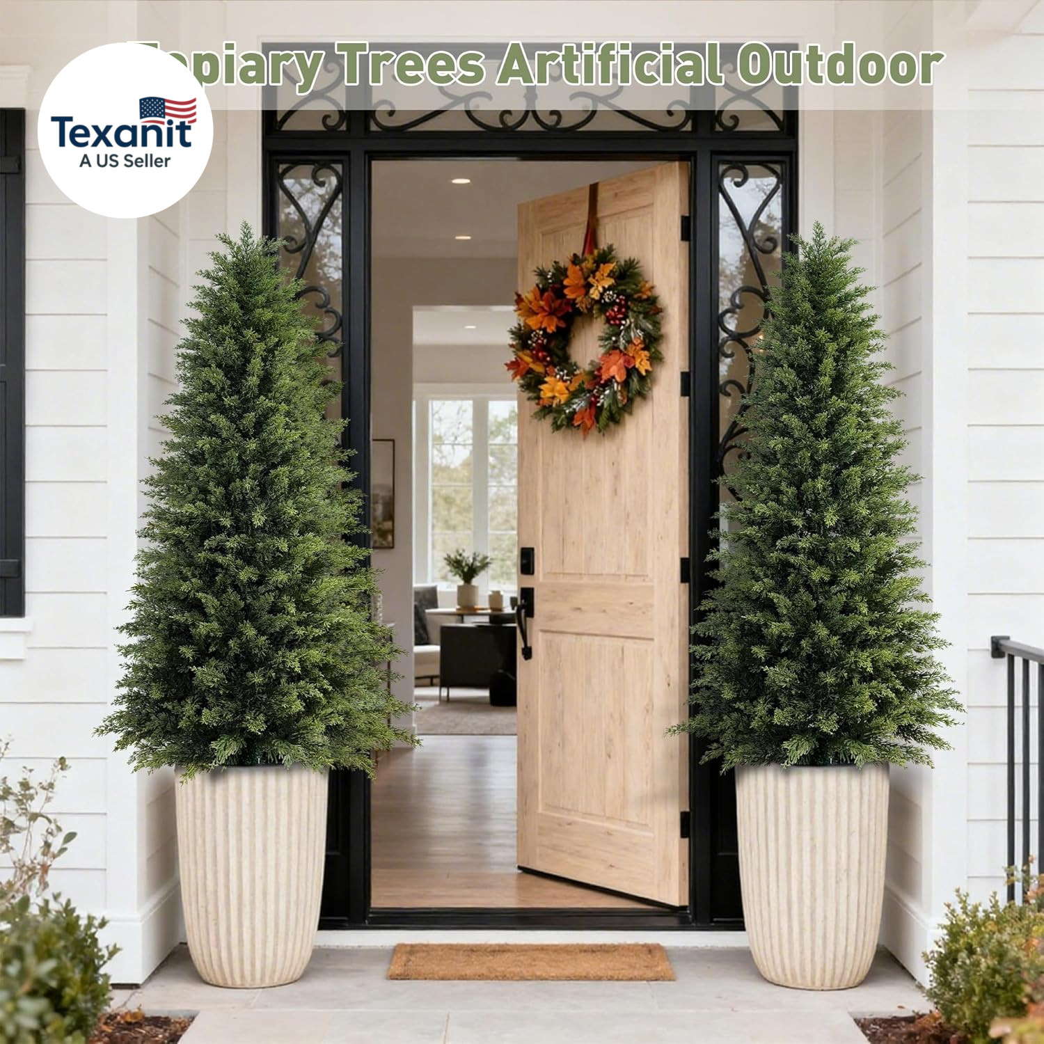 2 Pack 5Ft Artificial Cedar Trees for Outdoors (UV Resistant), Potted Faux Cedar