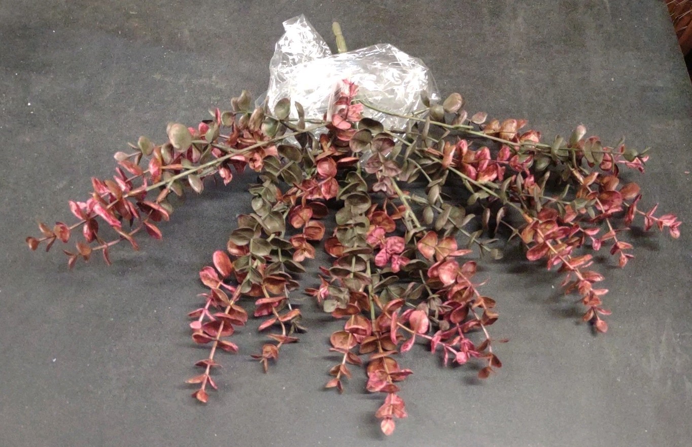 Plastic Spiral Eucalyptus Bush, Deep Moss Green & Dark Red, 6 Stem 13″ Baby Euc