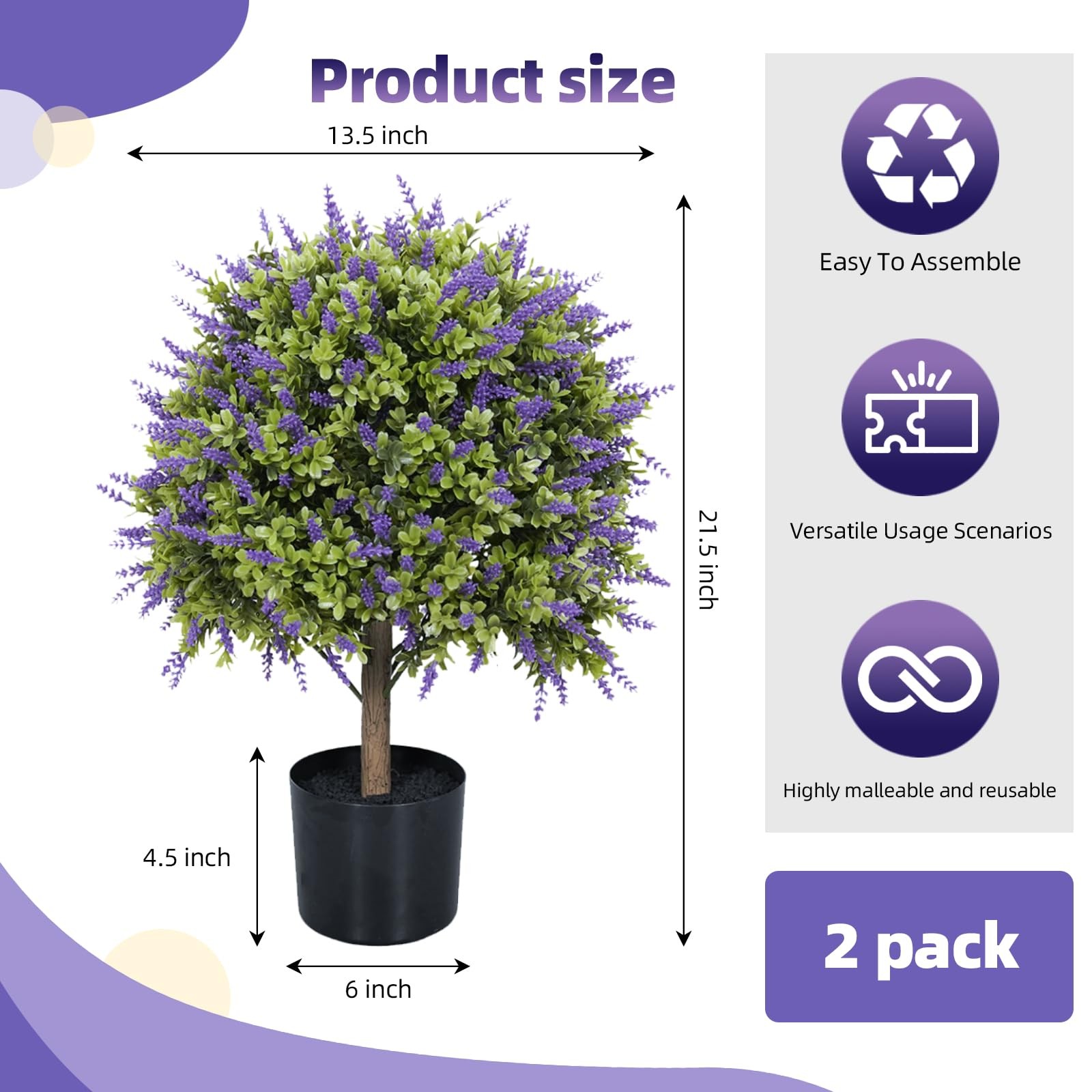 Artificial Lavender Topiary Trees, 2 Set of UV Resistant Fake Evergreen Shrub…