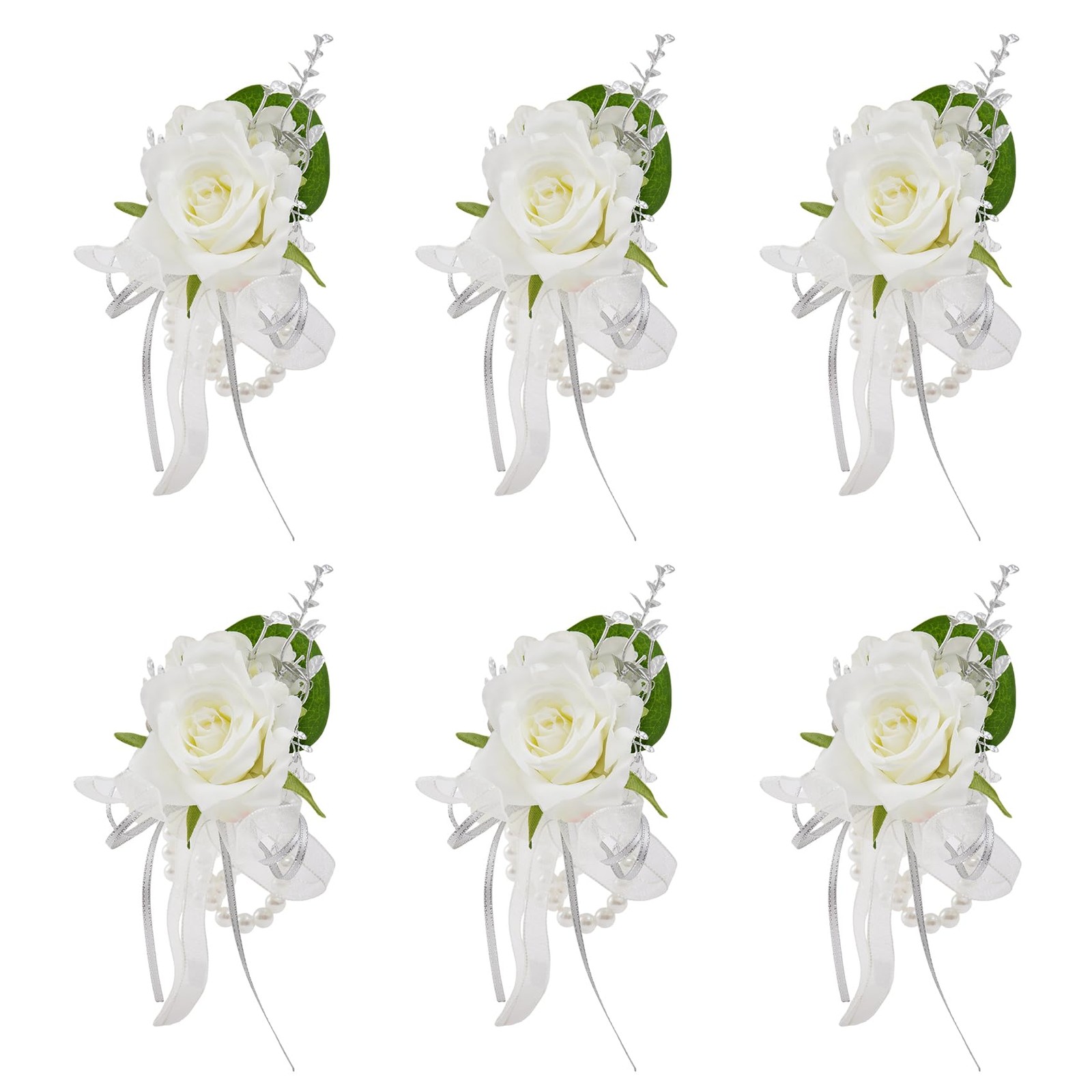 6 PCS Artificial White Rose Wrist Corsage Prom Wedding Bride Party Women