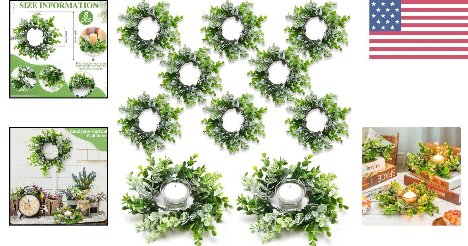 8 Pcs Mini Eucalyptus Candle Rings – Elegant Floral Wreaths for All Seasons