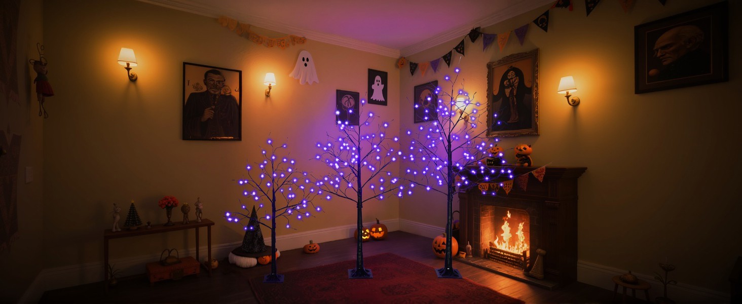3 Pac Halloween Spooky Tree with Purple Lights, 4FT 5FT and 6FT, Lighted Tree